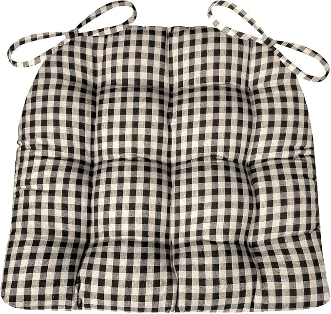 Barnett Home Decor Farmhouse Check Black Dining Chair Pad with Ties - 15 x 17 Size Small Chair Cushion - Latex Foam Fill - 100% Cotton, Made in USA - Machine Washable, Reversible, Checkered