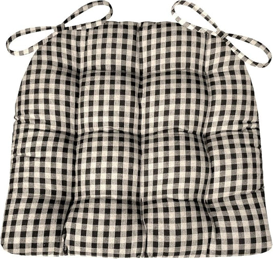 Barnett Home Decor Farmhouse Check Black Dining Chair Pad with Ties - 15 x 17 Size Small Chair Cushion - Latex Foam Fill - 100% Cotton, Made in USA - Machine Washable, Reversible, Checkered