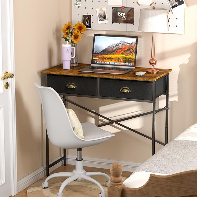 Small Writing Desk for Kids Bedroom, 31.5 Inch Computer Desk for Small Spaces, Simple Desk with 2 Fabric Drawers for Home Office, Dorm, Living Room, Home Study Table, Rustic Brown