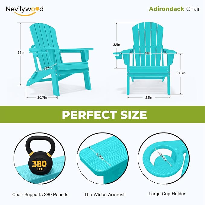 nevilywood Folding Adirondack Chair - Extended Ergonomic Backrest, Cup Holder - Easy Assembly - Durable HDPE Plastic, Weather Resistant & Maintenance-Free - Lawn, Patio, Deck Supports 380lbs Aruba