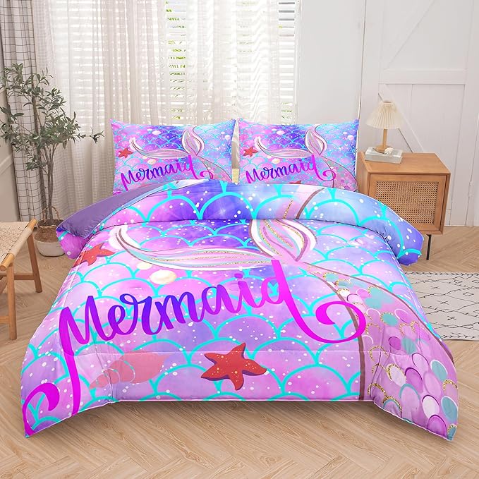 Tailor Shop Mermaid Comforter Sets Twin Bedding Sets for Girls Kids Teens Girls Purple Comforter with 1 Pillowcase…
