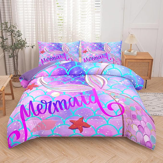 Tailor Shop Mermaid Comforter Sets Twin Bedding Sets for Girls Kids Teens Girls Purple Comforter with 1 Pillowcase…