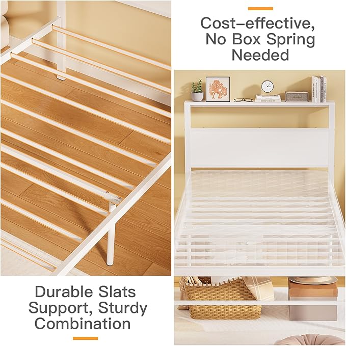 Weehom Twin Bed Frames for Kids, Twin Size Bed Frames with Wood Headboard Shelf - No Box Spring Needed White Metal Platform Bed for Girls, Boys and Students