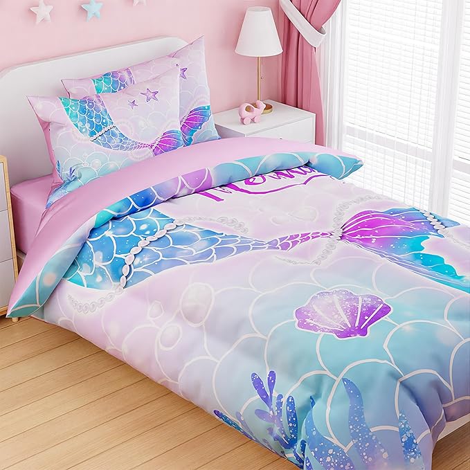 SANDJEST Mermaid Duvet Cover Sets Twin Size for Kids Girls, Include 1 Polyester Comforter Cover 68x86 Inches and 1 Pillowcase 20x26 Inches, Comforter Not Included, Gift for Christmas Birthday