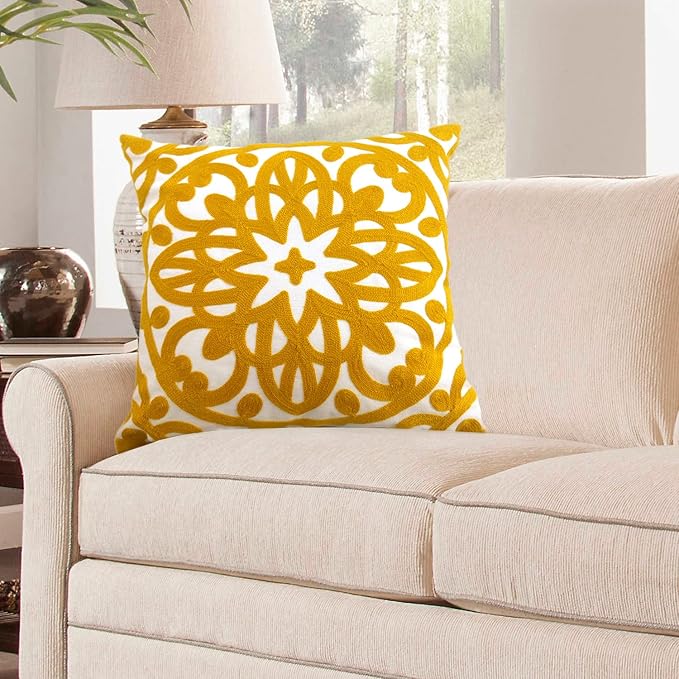 Alysheer Embroidered Decorative Throw Pillow Cover 18x18 inch, Cozy Warm Mandala Knit Pattern, Soft 100% Cotton Canvas Mustard Yellow Cushion Case for Sofa Couch Living Room Gifts (Gold)