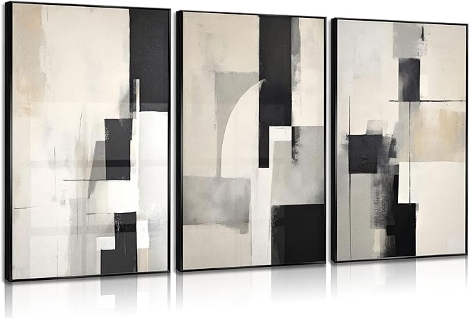 3Pcs Neutral Abstract Canvas Wall Art Pictures Modern Minimalist Posters Prints Beige Black Simple Wall Decoration for Living Room Bedroom Bathroom Office 12x16in Unframed
