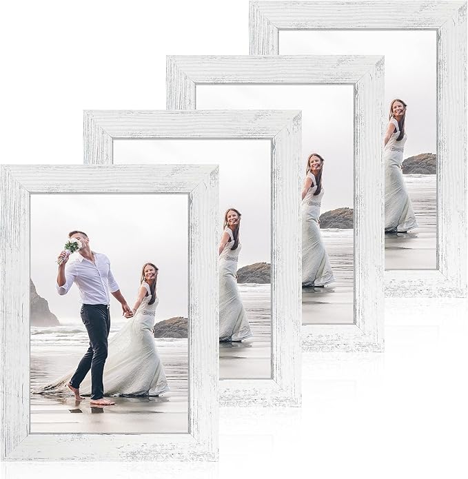 6x9 Picture Frame Set of 4, High Definition Glass Distressed White Frame, 6 x 9 Photo Frames for Horizontal or Vertical Tabletop Display and Wall Mounting