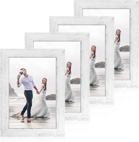 6x9 Picture Frame Set of 4, High Definition Glass Distressed White Frame, 6 x 9 Photo Frames for Horizontal or Vertical Tabletop Display and Wall Mounting