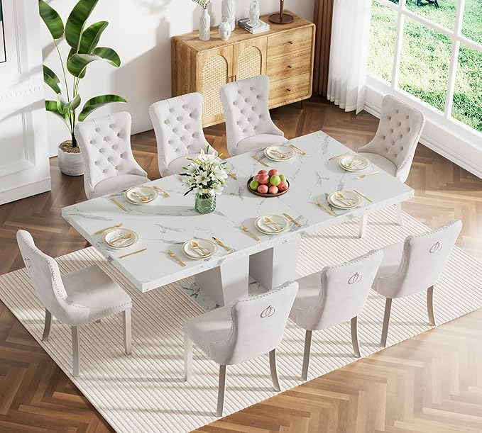 9-Piece Extendable Dining Table Set for 6-8 People 63-78 Inch Kitchen Table Set with 8 Beige Upholstered Chairs Modern White Faux Marble Rectangular Dining Room Table Set for Kitchen Apartment