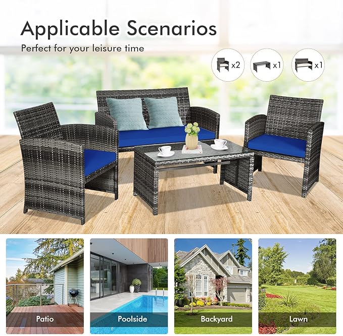 Goplus 4-Piece Rattan Patio Furniture Set, Outdoor Wicker Conversation Sofa with Weather Resistant Cushions and Tempered Glass Tabletop for Lawn Backyard Pool Garden (Blue)