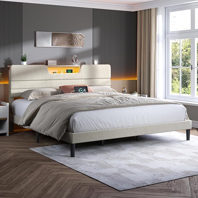 King Size Bed Frames with Upholstered Headboard, Modern Platform Bed with Charging Station and Led Lights, Bed Frame with Sturdy Wooden Slats/No Box Spring Needed/2-Tier Storage, Beige