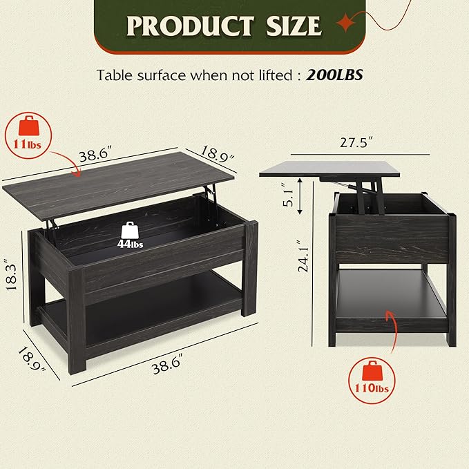 WLIVE Coffee Table, 39" Lift Top Coffee Table with Hidden Compartment and Storage Shelf for Living Room, Espresso