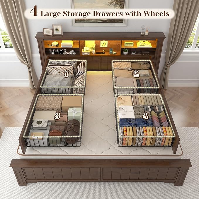 EnHomee Queen Bed Frame with Headboard and Storage,4 Drawers and LED Built in Charging Station Bed Frame Queen Size with Storage Farmhouse, NO Noise,No Box Spring Needed,Brown