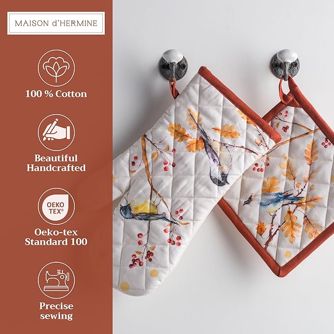 Maison d' Hermine 100% Cotton Oven Mitt & Pot Holder Set (7.5"x13" & 8"x8") Heat Resistant BBQ Cooking Gloves with Loop for Thanksgiving Christmas Decorations Handling Hot Pans (Oak Leaves)