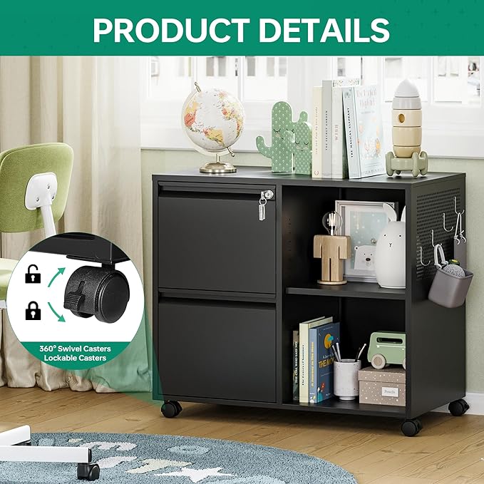 Letaya Mobile File Cabinet, Metal Lateral Rolling Printer Stand Filing Cabinets with Shelves for Home Office-Storage A4/F4/Letter (Black)