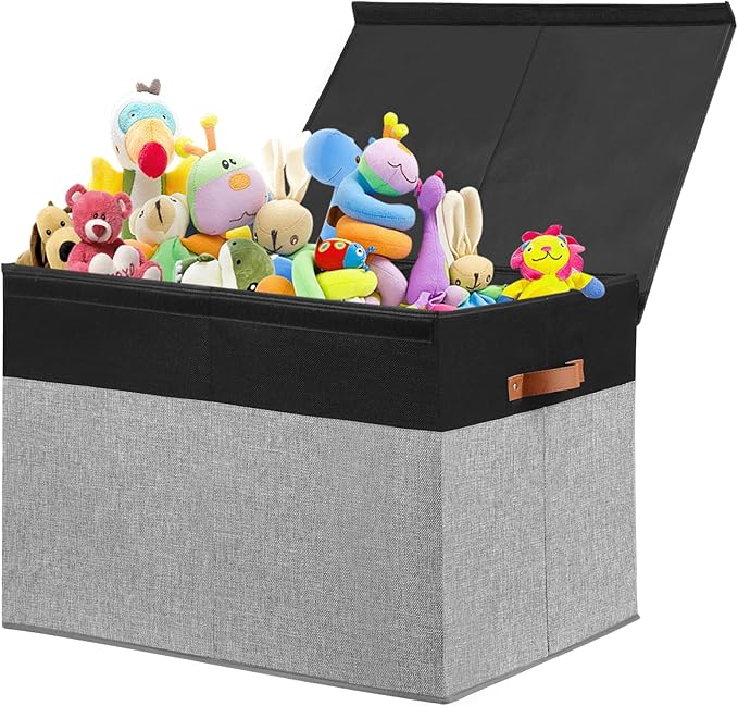 Large Toy Storage Box with Lid, Sturdy Toys Storage Chest Bin Organizer Basket with Dividers for Kids, Boys, Girls, Nursery, Closet, Bedroom, Playroom 26"x17" x17" (Black and Grey)