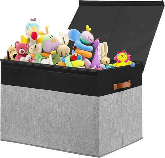 Large Toy Storage Box with Lid, Sturdy Toys Storage Chest Bin Organizer Basket with Dividers for Kids, Boys, Girls, Nursery, Closet, Bedroom, Playroom 26"x17" x17" (Black and Grey)