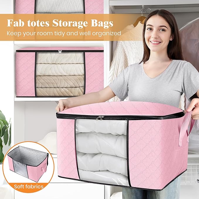 Fab totes 10 Pack Clothes Storage, Foldable Thick Fabric Blanket Storage Bags, Containers for Organizing Bedroom, Closet, Clothing, Comforter,Organization with Handle,Pink