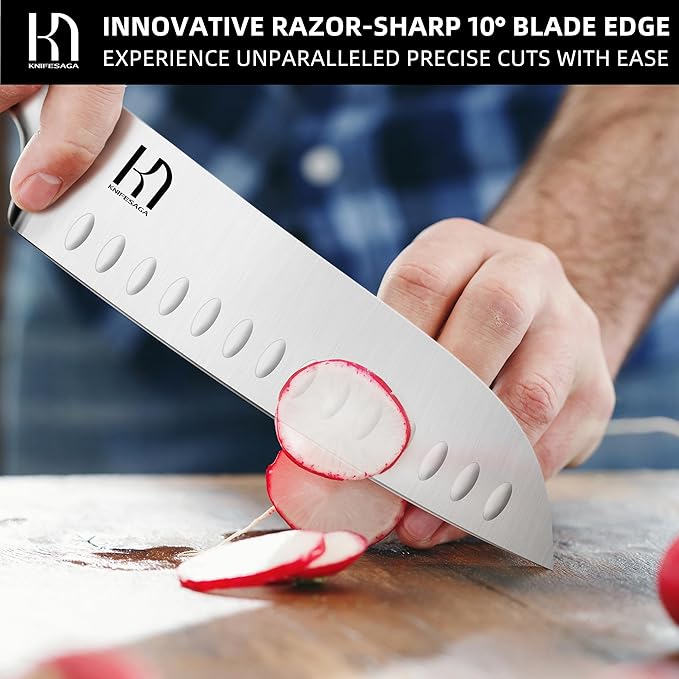 Santoku Knife 7 Inch, Japanese Professional Chef knife High Carbon Stainless Steel, Razor Sharp Chefs Kitchen Knife, Vegetable Chopping Knife for Cooking With Full-tang Handle, White