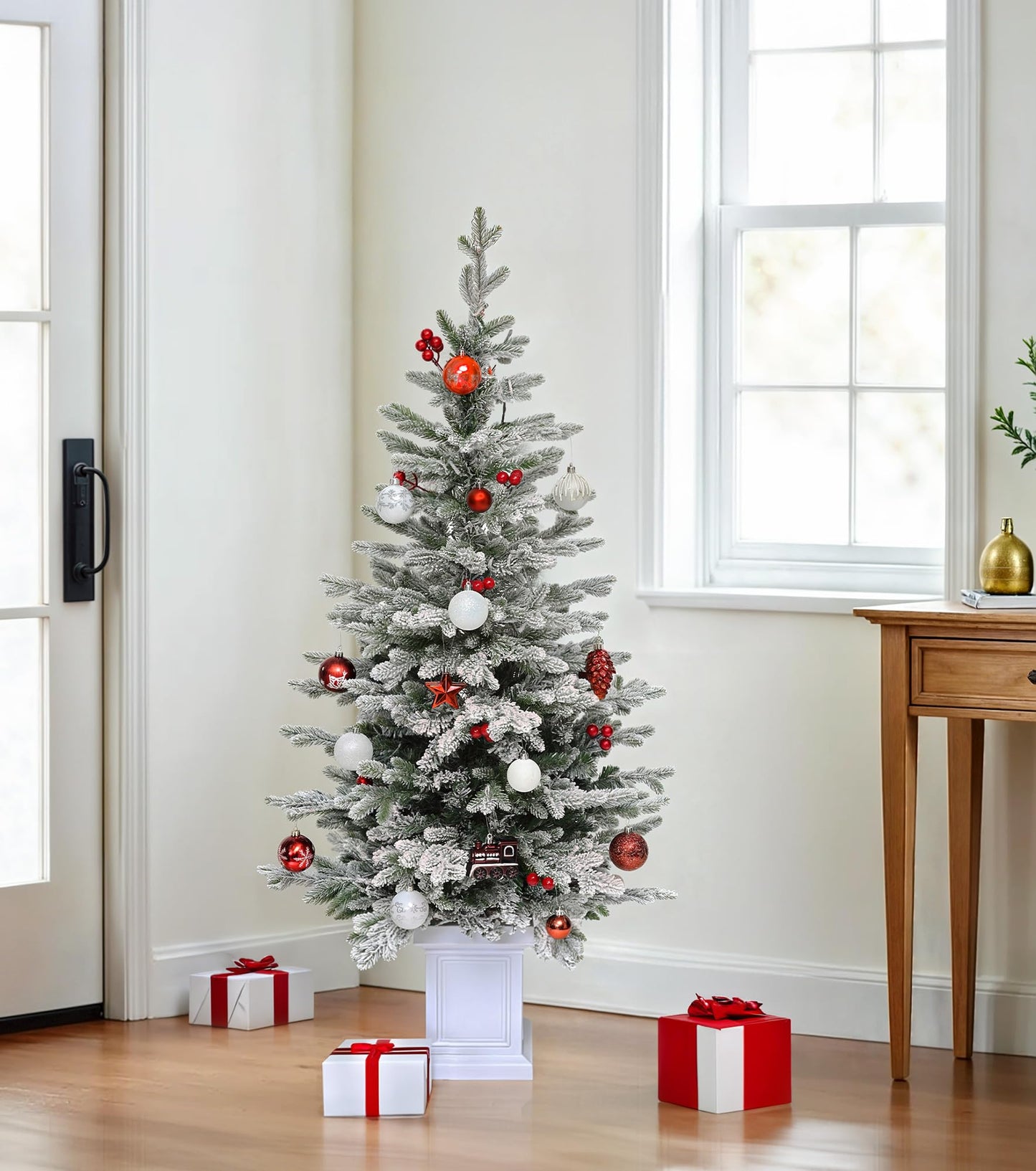 DWVO 4.5 FT Potted Slim Pre-lit Flocked Arctic Fir Pencil Tree, Potted Christmas Tree with 11 Red Hollies, 358 PE & PVC Branch Tips, and 100 Lights for Home and Office Decor