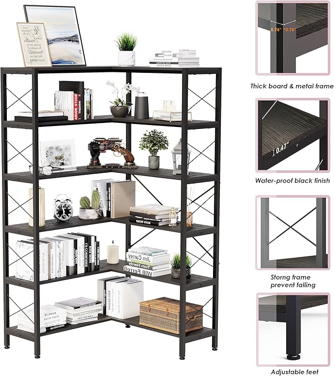 Corner Bookshelves and Bookcases Industrial Corner Etagere Bookcase L Shaped Shelf 6 Tiers with Metal Frame for Living Room Home Office