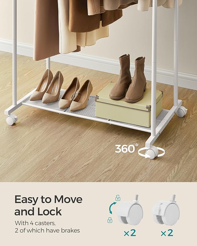 SONGMICS Double Rods Clothes Rack with Wheels, Clothing Rack for Hanging Clothes, Heavy Duty Garment Rack with Mesh Storage Shelf, 2 Brakes, Each Top Rail Holds up to 77 lb, White UHSR026W01