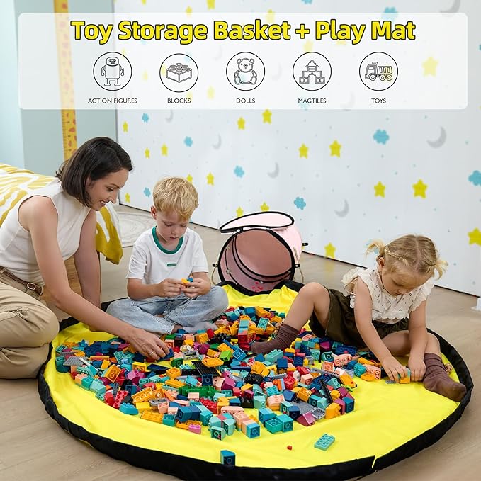 Toy Storage Basket with Slide and Large Play Mat for Boys and Girls Building Blocks Organizer, Foldable Fabric Storage Container Basket Bin Kids Toy Box with Rug for Boy Playroom Organization