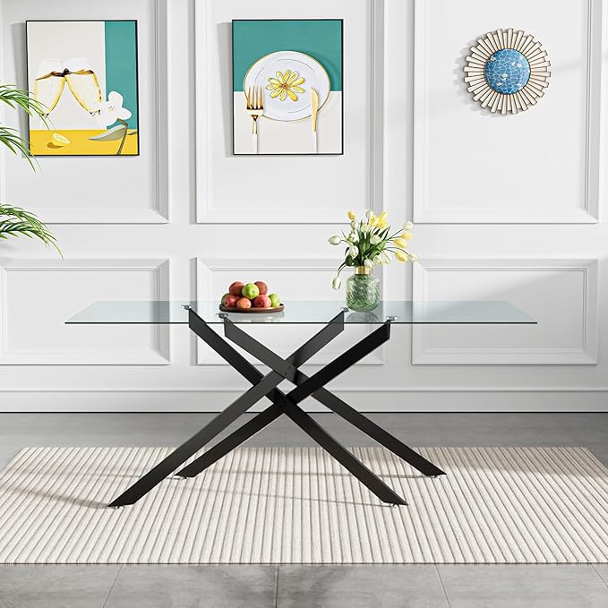 60.6'' Tempered Glass Dining Table for 4-6 People, Rectangle Kitchen Table with Black X-Base Metal Legs, Adjustable Feet, Glass Top Desk for Home Office Glass Dining Room Table for 6