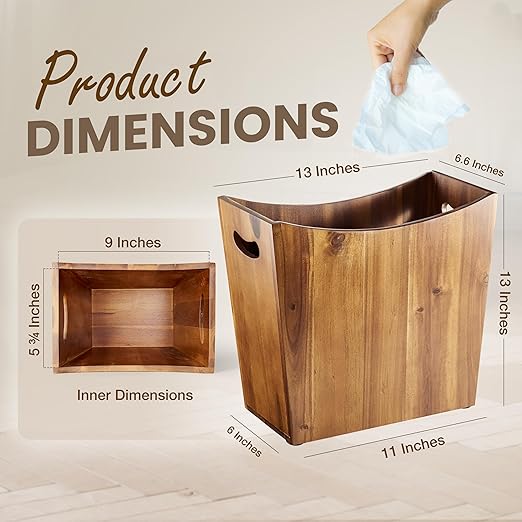 3 Gallons Rectangular Wastebaskets - Acacia Wood Waste Basket with Handles - Small Trash Can for Bathroom - Brown Garbage Bin for Spa Decorative, Kitchen Under Counter, Living Room, Office