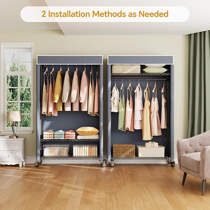 H4 Heavy Duty Clothes Rack with Cover, Rolling Garment Rack, Wardrobe with Cover and Wheels, Closet Organizer Shelf, Portable Closet Organizer and Storage, Black Clothing Rack with Grey Cover