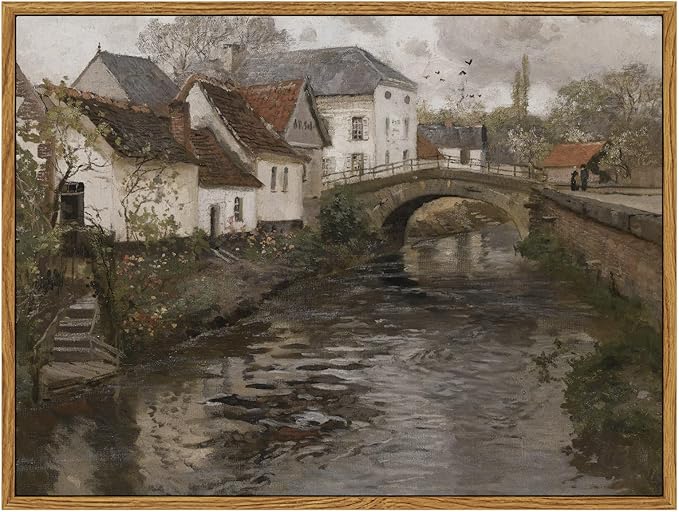 InSimSea Framed Canvas Wall Art Vintage Decor, Landscape Wall Art, Riverside Small Town Pictures Home Decor, Rustic Farmhouse Wall Print for Bedroom Living Room, 12"x16"