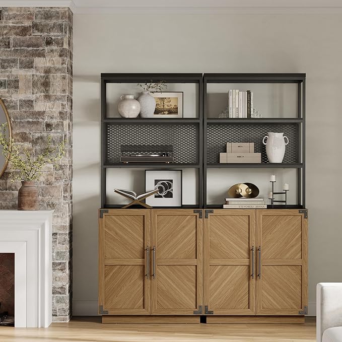 SICOTAS 5 Tier Bookcases Bookshelf with Storage - 75.3” Tall Bookcase with Doors, Large Heavy Duty Freestanding Display Cabinet Farmhouse Book Shelves for Living Room, Home Office, Small Space (3PCS)