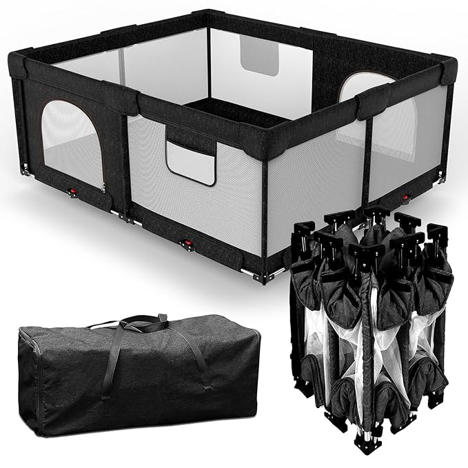 Foldable Baby Playpen with Gate, Extra Large Collapsible Play Yard for Babies & Toddlers, Portable Travel Playpen, Baby Activity Center for Indoor & Outdoor Use (Black 59"×71")