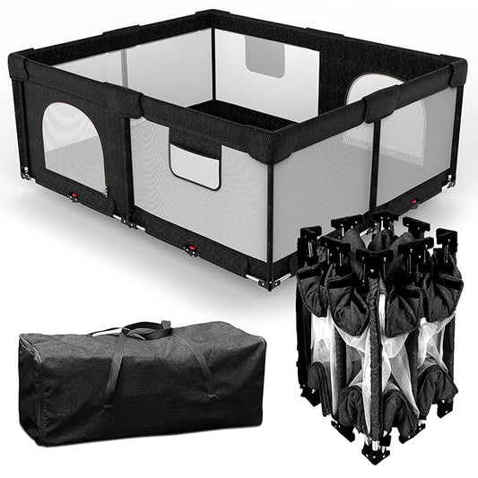 Foldable Baby Playpen with Gate, Extra Large Collapsible Play Yard for Babies & Toddlers, Portable Travel Playpen, Baby Activity Center for Indoor & Outdoor Use (Black 59"×71")