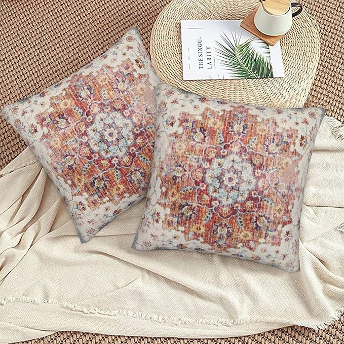 Boho Pillow Covers 24x24 Set of 2, Blue Orange Bohemian Carpet Pattern Outdoor Decorative Throw Pillows Linen Ethnic Design Vintage Farmhouse Cushion Cases for Couch Sofa Decor