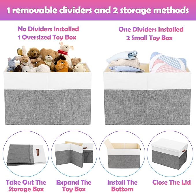 Large Toy Storage Box with Lid, Collapsible Sturdy Toys Storage Organizer Chest Bin Basket with Mesh Divider for Kids, Boys, Girls, Closet, Playroom, Bedroom, Nursery, 26"x17"x17" (Gray and White)