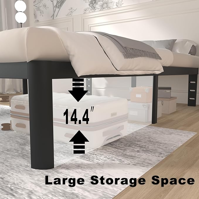 ITIMIDI 16 Inch Bed Frame King Size, Safety Design with Rounded Corner Legs and DIY Headboard, King Size Platform with Storage Space, Heavy Duty Foundation, Noise Free, No Box Spring Needed, Black