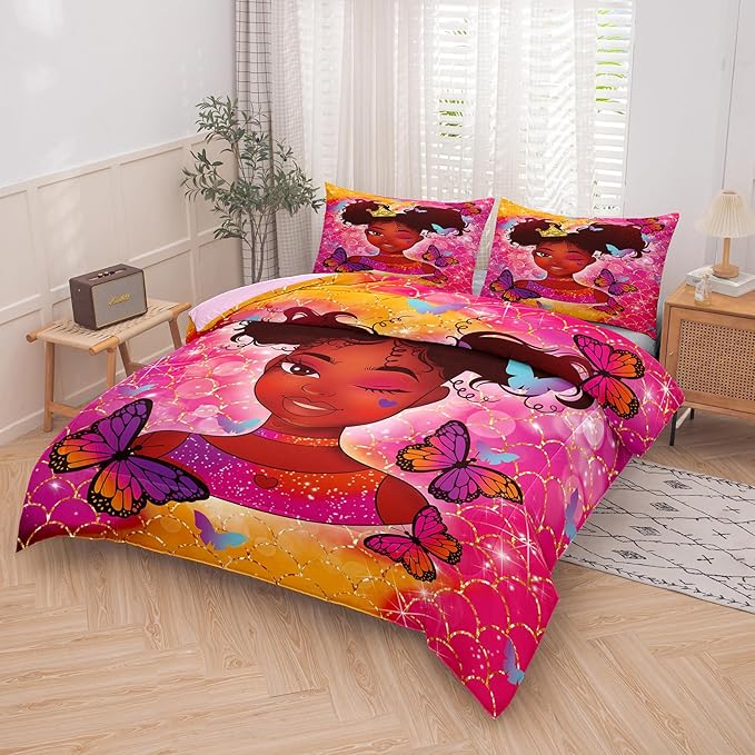 Tailor Shop Kawaii African American Black Girl Comforter Set Pink and Red Bedding Sets for Girls Kids Cute Magic Black Girl Bedding Set Mermaid Butterfly Comforter Twin Size with 1 Pillowcase…