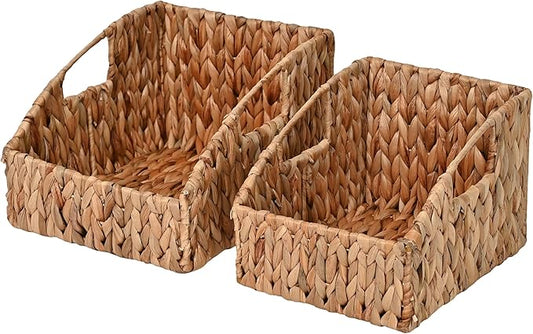 happimess BSK1007A-2SET Havanah Southwestern Hand-Woven Hyacinth Slanted Nesting Wicker Baskets with Handles, Seagrass Container for Decoration in Living Room, Bedroom, Closet, Natural (Set of 2)