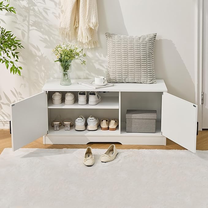Storage Bench, 39.4" Shoe Bench with Storage, 2 Tier Entryway Bench with 2 Doors, Adjustable Shelf, 39.4" W x 15.8" D x 18.1" H, Holds up to 330lbs for Entryway Living Room Bedroom Hallway, White