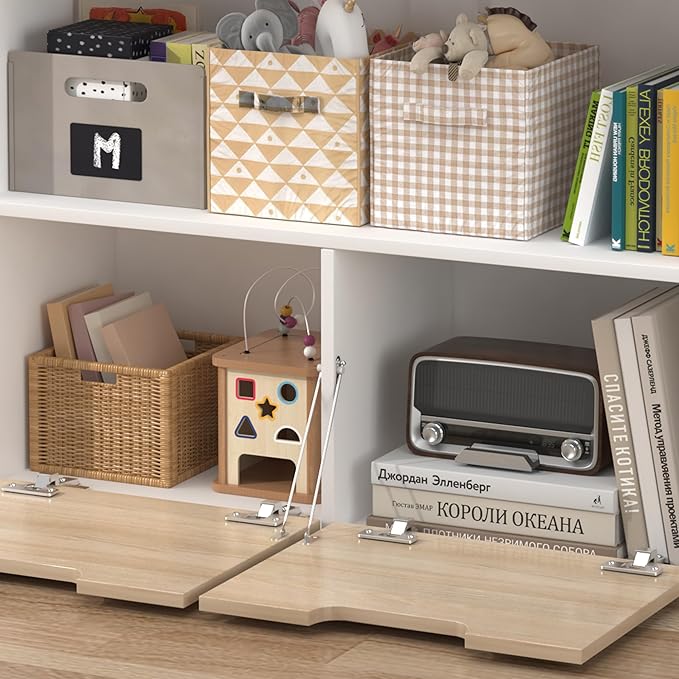 Toy Organizer and Nursery Bookshelf, 4-Tier Wooden Kids Bookcase with Storage Bins, Playroom Storage Rack for Toys and Books, Toy Storage Organizer for Playroom, Nursery, Classroom, Oak & White