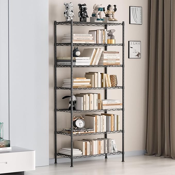 REGILLER 7-Tier Metal Storage Rack Adjustable Shelf,Storage Unit Shelf for Laundry Bathroom Kitchen Pantry Closet(Black,13.9" D x 23.9" W x 71.6" H)