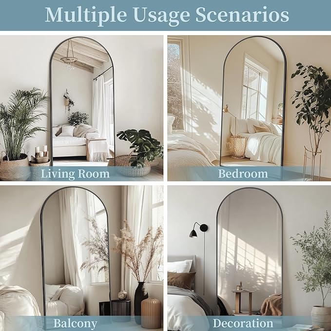 Full Length Mirror with Stand, 71"x26" Arched Full Body Mirror, Large Stand Up Mirrors, Aluminum Frame Floor Standing Mirrors, Freestanding Hanging Leaning Mounted for Bedroom Living Room, Black