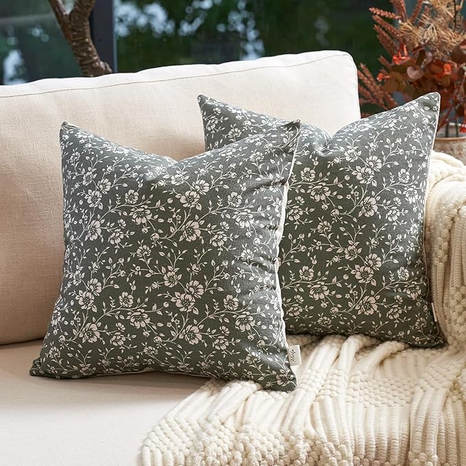 Alerfa Set of 2 Floral Pillow Covers 20x20, Vintage Block Print Throw Pillow Covers Decorative Farmhouse Accent Couch Pillows for Living Room Bedroom, Dark Olive-Green