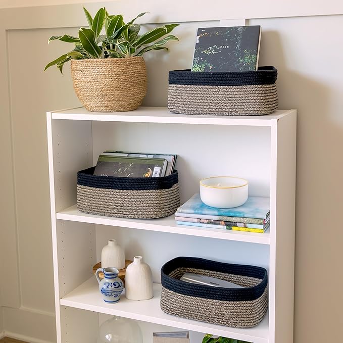 NaturalCozy 13.5”x8.5”x5.5” Rectangle Storage Baskets for Shelves 3 Pack | Cotton Rope Woven Small Baskets for Organizing | Small Storage Bins for Nursery, Bathroom, Closet, Shelf, Decorative