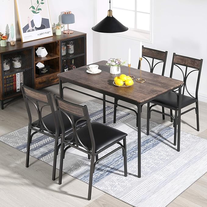 VECELO Kitchen Dining Room Table Set with 4 Chairs for Small Space, Apartment,Metal Steel Frame