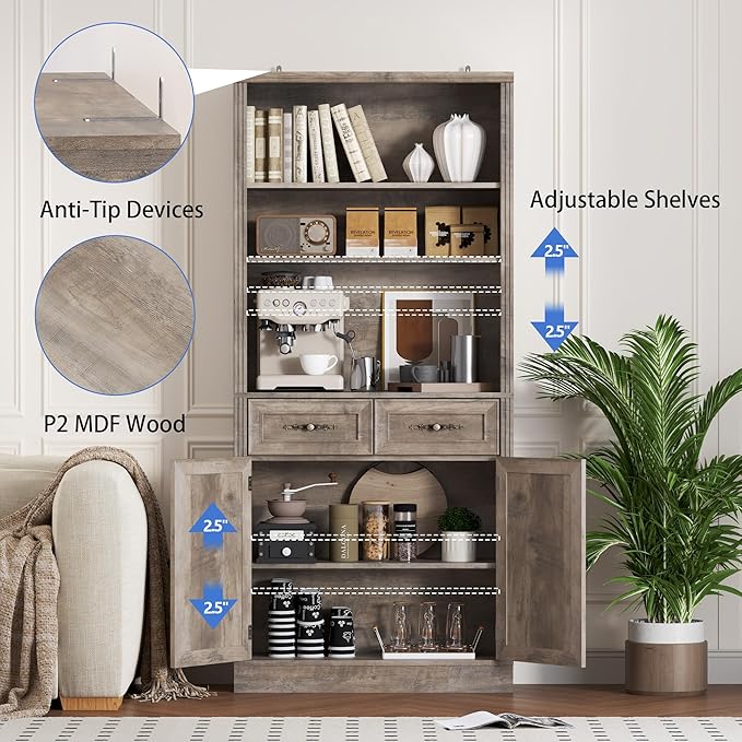 71.4" Tall Bookshelf with Drawers & Cabinet, 5-Tier Floor Standing Bookcase with Storage Doors, Adjustable Shelves & Metal Handles, 31.5" Wide Organizer for Home Office, Living Room