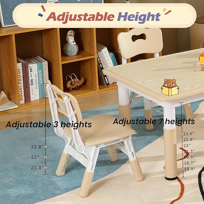 Kids Table and 2 Chair Set, Toddler Table and Chair Set Height Adjustable, 31.5''L x 23.6''W Multifunctional Toddler Table for Reading, Drawing, Eating, for Girls & Boys Age 2-10, Burlywood