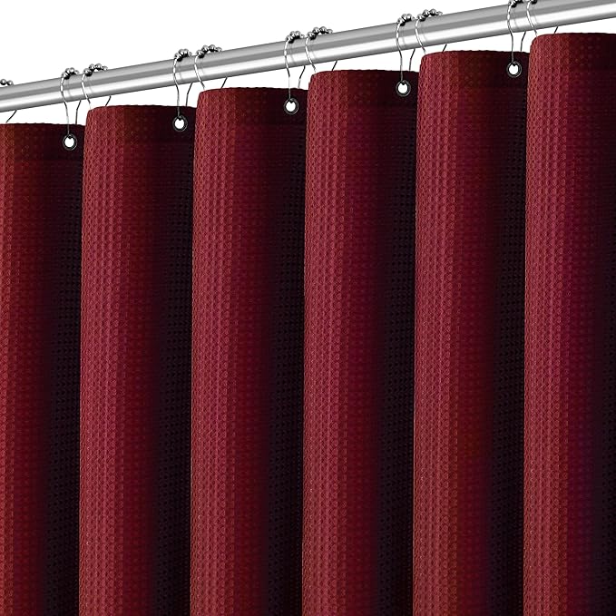 Extra Long Shower Curtain - 84 Inch Waffle Weave Weighted Thick Cloth Bathroom Shower Curtain, Wine Heavy Duty Hotel Bath Curtain Set with 12 Metal Hooks, 72x84 Burgundy