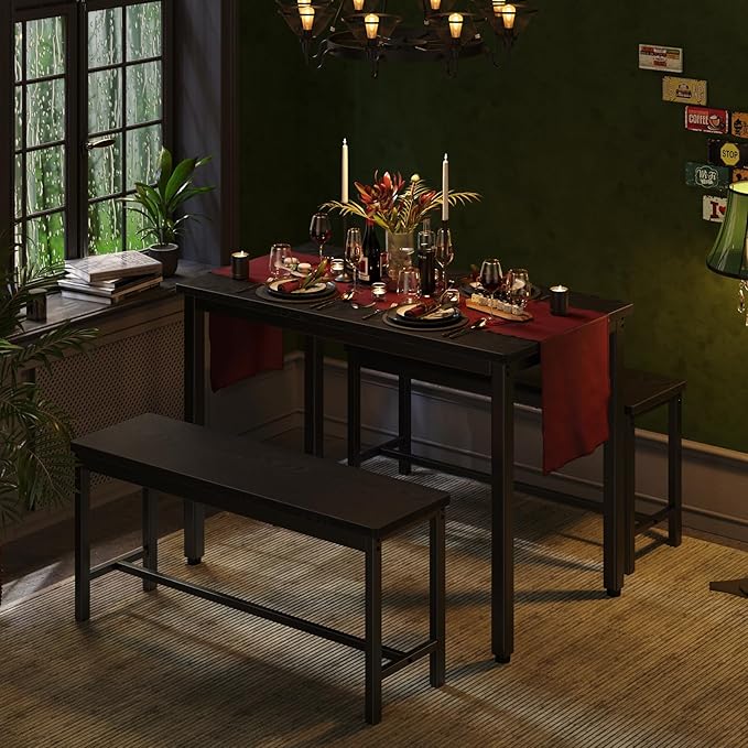 Tatub Dining Table Set for 4, 3-Piece Kitchen Table with 2 Benches, Space-Saving Dining Room Set for Breakfast Nook and Small Spaces, Black